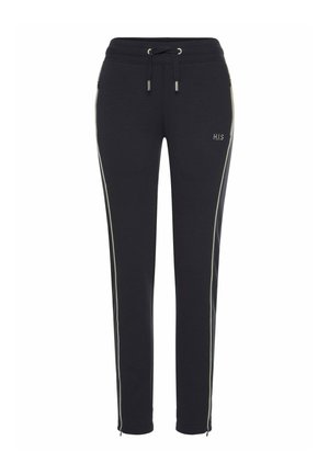 Black sweatpants with a drawstring waistband. Features contrasting white side stripes and logo detail on the left leg. Smooth fabric texture.