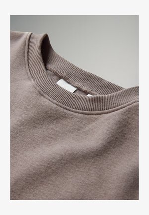 Brauner Sweatshirt mit ribbelndem Rundhalsausschnitt, weichem Stofftextur und einem kleinen weißen Etikett am Kragen. Glatte Oberfläche mit minimalen Details.