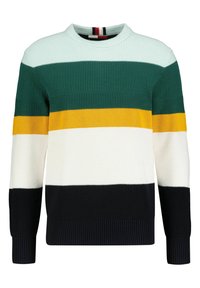 Pull en tricot avec un col rond, présentant des rayures horizontales vertes, jaunes, blanches et noires ; manches et ourlet côtelés.