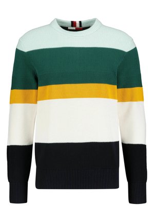 Strickpullover mit Rundhalsausschnitt, der horizontale Streifen in Grün, Gelb, Weiß und Schwarz aufweist; gerippte Bündchen und Saum.