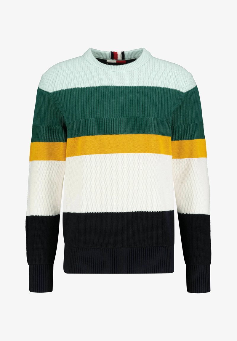 Pull en tricot avec un col rond, présentant des rayures horizontales vertes, jaunes, blanches et noires ; manches et ourlet côtelés.