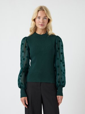 Pull en tricot vert avec des manches ballons en tulle à pois. Doté d'un col rond et de poignets côtelés, associé à un pantalon noir ajusté.