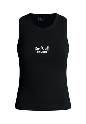 Schwarzes ärmelloses Tanktop aus geripptem Stoff. Auf der Vorderseite ist "Red Bull Racing" in Weiß eingestickt. Weiche Textur, figurnah geschnitten.