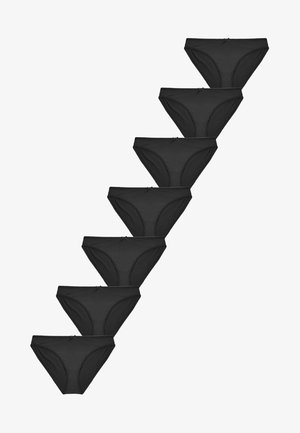 Braguitas de bikini de algodón negro dispuestas en una disposición diagonal, con una textura suave, cinturilla elástica y un pequeño lazo en la parte delantera.