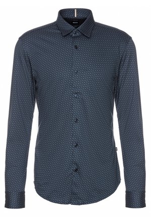 Dunkelblaues Langarmhemd mit durchgehender, dezenter geometrischer Musterung und spitzem Kragen.