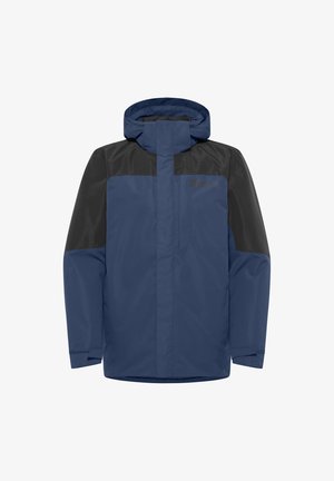 Veste imperméable bleue avec des panneaux d'épaule noirs, un col haut et une capuche. Dispose d'une fermeture éclair et de poignets élastiques pour garder la chaleur.