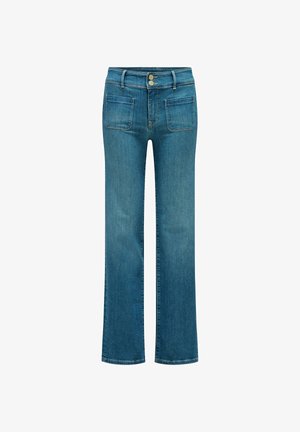 Blue denim jeans with front patch pockets, double button closure, and straight-leg cut.