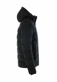 Sort pufferjakke med hætte, med quiltet design, lynlås lukning og elastiske manchetter. Glat tekstur med en tætsiddende silhuet.