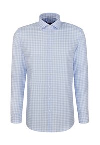 Camicia a scacchi blu chiaro con maniche lunghe, colletto a polo e placket frontale con bottoni. Materiale in cotone, texture liscia.