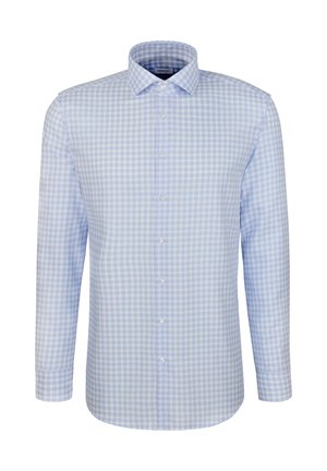 Jasnoniebieska koszula w kratę vichy z długim rękawem, z kołnierzykiem zapinanym na guziki i z przodu z zapięciem na guziki. Materiał bawełniany, gładka tekstura.