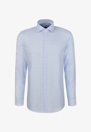 Jasnoniebieska koszula w kratę vichy z długim rękawem, z kołnierzykiem zapinanym na guziki i z przodu z zapięciem na guziki. Materiał bawełniany, gładka tekstura.