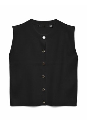Svart stickad ärmlös topp med rund halsringning och framknäppning med sex metallknappar samt en slät textur.