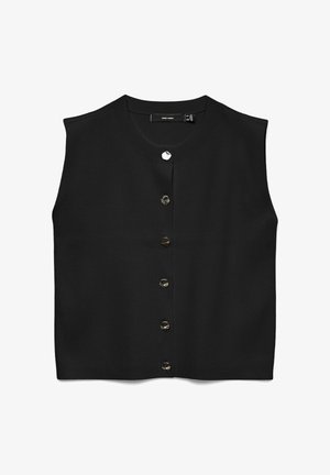Svart stickad ärmlös topp med rund halsringning och framknäppning med sex metallknappar samt en slät textur.
