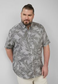 Korte mouwen shirt van grijze stof met een palmenbladpatroon, knoopsluiting aan de voorkant en een spreidkraag, met een ontspannen pasvorm en een zachte textuur.