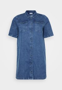 Denim shirt jurk in donkerblauw, met korte mouwen, twee borstzakken, een knoopsluiting aan de voorkant en een rechte snit.