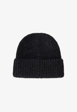Bonnet en tricot noir avec revers, présenté sur fond blanc.