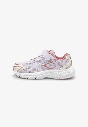 Light purple athletic shoe with mesh upper, reinforced toe, adjustable strap, and cushioned sole; features pink and white accents.