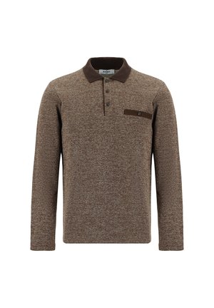 Maglia polo marrone a maniche lunghe realizzata in tessuto texturizzato, con colletto marrone scuro, dotata di tasca con bottone sul petto sinistro.