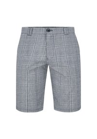 Szare szorty w kratę wykonane z lekkiego materiału, z płaskim przodem, zapięciem na guzik i kieszeniami, z wzorem w kratę na całej powierzchni.