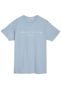 Světle modré bavlněné tričko s kulatým výstřihem. Na přední straně je bílý potisk s textem "POLO CLUB" a "ESTABLISHED 2012".