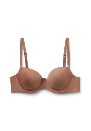 Soutien-gorge en microfibre brun avec des bonnets lisses et moulés, doté de fines bretelles réglables. Il présente un petit détail au centre et une texture de tissu douce.