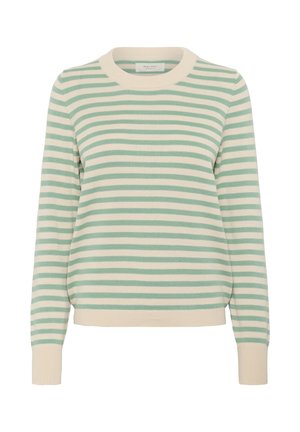 Prugasta jopica v krem in mint zeleni barvi, z okroglo izrezom in rebrastimi manšetami. Narejena iz mehke, lahke pletene tkanine.