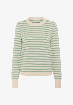 Prugasta jopica v krem in mint zeleni barvi, z okroglo izrezom in rebrastimi manšetami. Narejena iz mehke, lahke pletene tkanine.