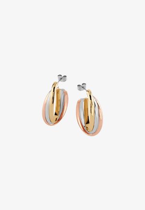 Tri-color hoop earrings featuring intertwined designs: rose gold, yellow gold, and silver materials with polished finishes and stud closures.