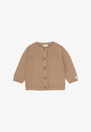 Beige gebreide cardigan met lange mouwen, ronde hals en zes knopen aan de voorkant. Heeft ribgebreide manchetten en onderzoom, met een klein logo-label.