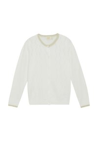 Vit kofta med ett stickat mönster, rund halsringning och ljusbeige kant. Har knäppning fram och långa ärmar. Mjuk textur.