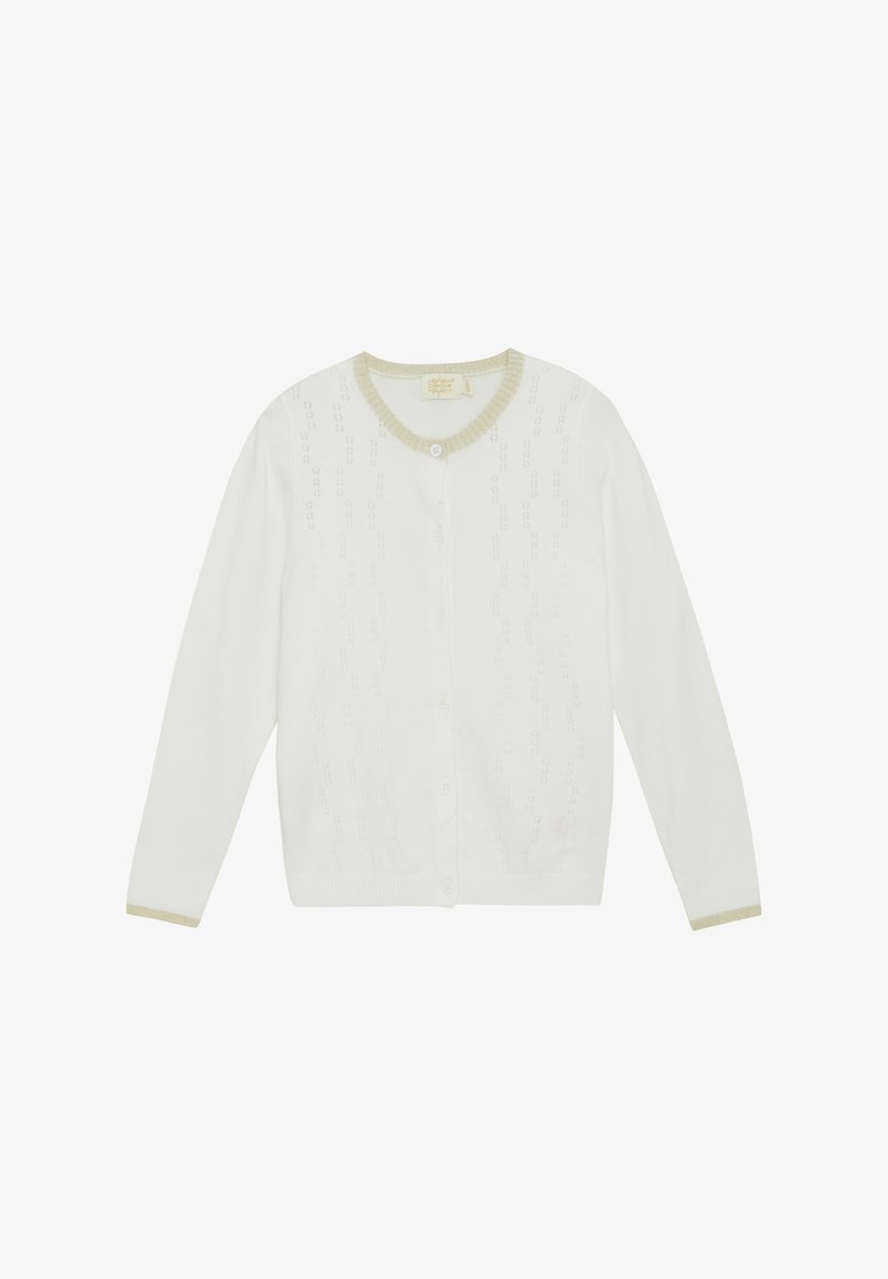 Weißer Cardigan mit einem gestrickten Muster, rundem Ausschnitt und hellbeigem Saum. Mit Knopfleiste und langen Ärmeln. Weiche Textur.