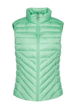 Gilet imbottito senza maniche verde menta con colletto alto, zip frontale e motivo a chevron. Leggero e dalla texture liscia.