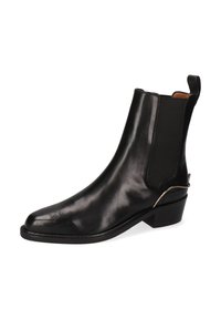 Bottine Chelsea en cuir noir avec des panneaux latéraux élastiques, bout pointu, petit talon carré, et un accent décoratif doré sur le talon.