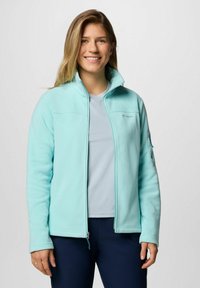 Giacca in fleece azzurro chiaro con colletto alto, chiusura con zip e tasche laterali. Indossata sopra una maglietta grigia chiara e pantaloni blu notte. Presenta un dettaglio con logo.