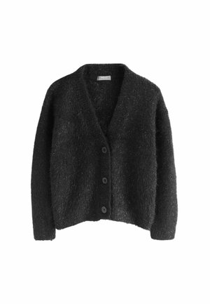 Schwarze, flauschige Strickjacke aus weichem Material. Sie hat einen tiefen V-Ausschnitt, fünf Knöpfe auf der Vorderseite und einen lockeren Schnitt.