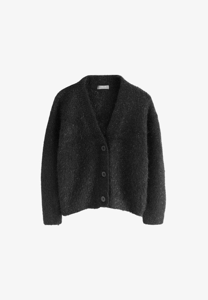 Svart, fluffig cardigan gjord av ett mjukt material. Har en djup V-halsringning, fem knappar fram och en avslappnad passform.