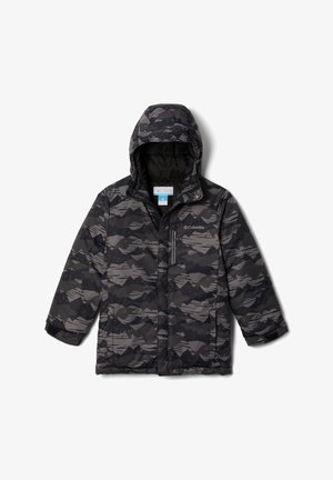 Giacca a vento imbottita con cappuccio, in tessuto mimetico nero e grigio, con zip frontale e polsini regolabili. Presenta un logo sulla tasca sinistra del petto.