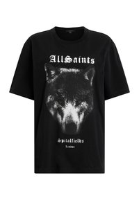 Mustat puuvillati-paidat, joissa on suuri valkoinen susigrafiikka, "AllSaints" ja "Spitalfields London" -teksti vintage-tyylisessä fontissa.