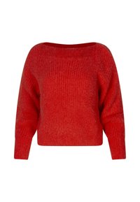 Pull surdimensionné rouge avec un décolleté bateau et des manches longues, présentant un motif de tricot texturé et une silhouette courte.