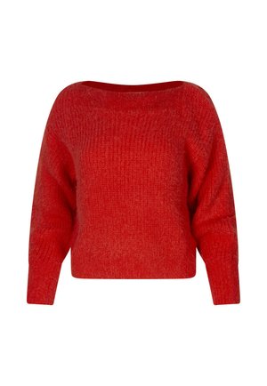 Pull surdimensionné rouge avec un décolleté bateau et des manches longues, présentant un motif de tricot texturé et une silhouette courte.