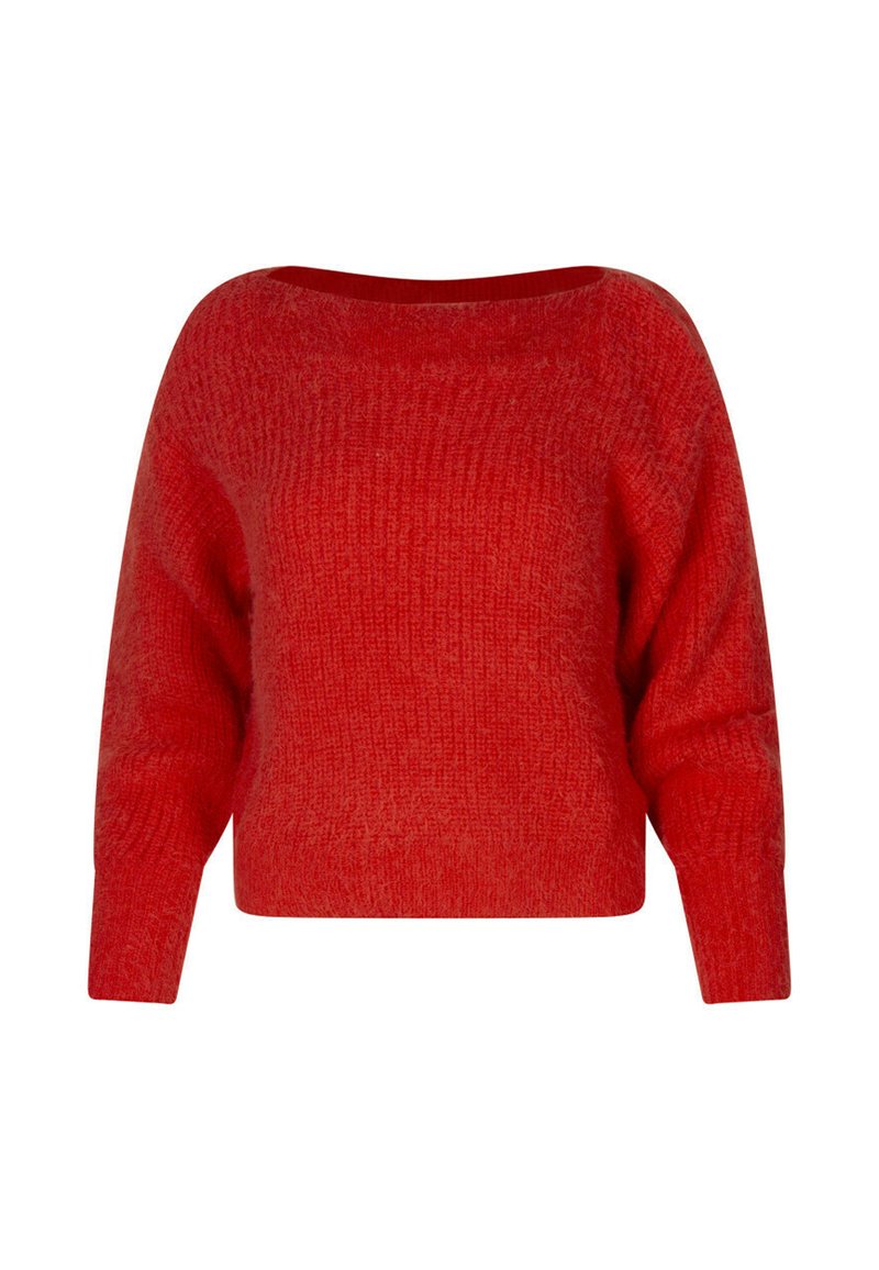 Pull surdimensionné rouge avec un décolleté bateau et des manches longues, présentant un motif de tricot texturé et une silhouette courte.