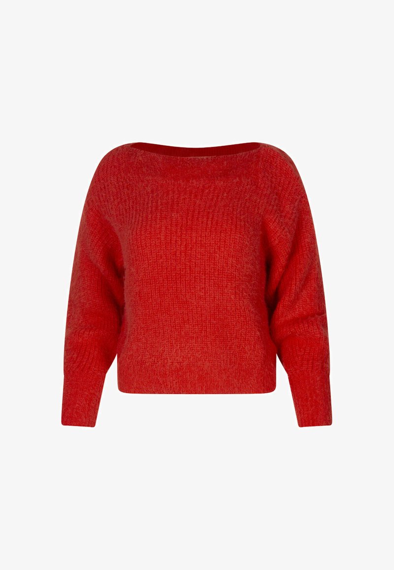 Pull surdimensionné rouge avec un décolleté bateau et des manches longues, présentant un motif de tricot texturé et une silhouette courte.
