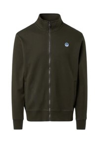 Felpa verde oliva con zip realizzata in un morbido misto cotone. Presenta un colletto alto, tasche laterali e un piccolo logo blu sul lato sinistro del petto.