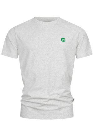 T-shirt en coton gris à manches courtes, col rond, avec un petit logo vert sur le côté gauche de la poitrine. Texture douce et coupe standard.