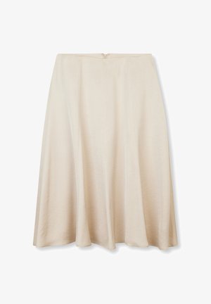 Gonna midi beige a linea A con leggero svasamento, texture liscia e cerniera nascosta nella cintura posteriore.