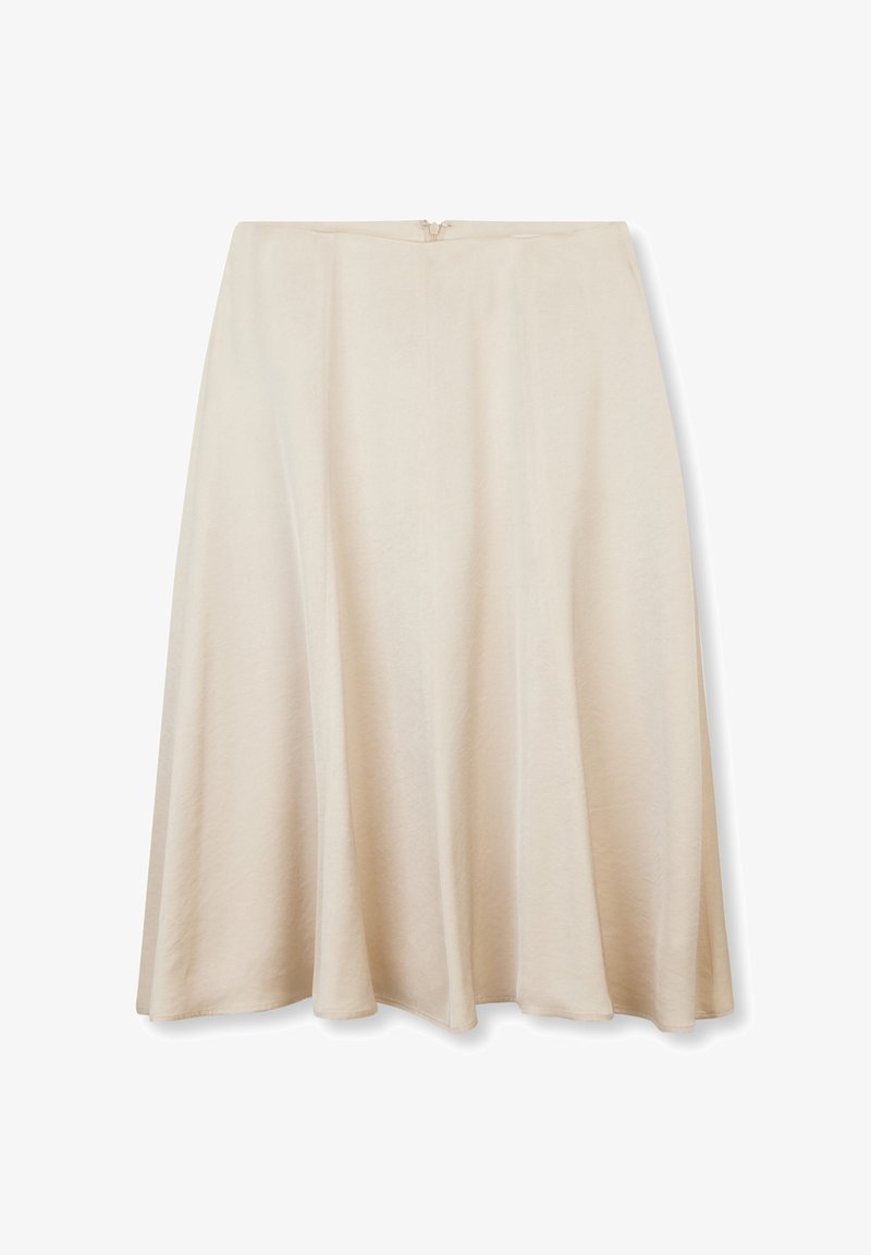 Jupe midi beige évasée, texture lisse et fermeture éclair dissimulée à la taille arrière.