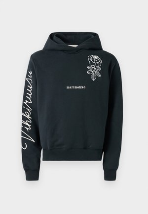 Black hoodie with a front floral graphic and the word "marimekko." Features large text on the left sleeve. Made of soft material.