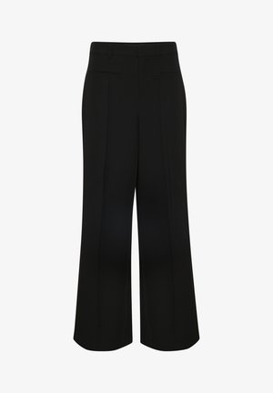 Juodos plačios kojinės kelnės su lygia tekstūra, turinčios dvi galines kišenes ir pritaikytą dizainą, užtikrinantį laisvą prisitaikymą.