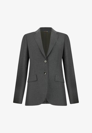 Grijze wollen blazer met twee knopen, met gesneden revers, twee zijzakken en een borstzak. Soepele textuur en een getailleerde pasvorm.