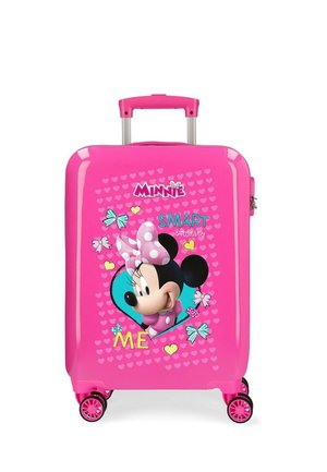 Maleta rígida de color rosa brillante con un gráfico de Minnie Mouse, moño de lunares y texto "Minnie SMART & Positively ME", con corazones y moños.